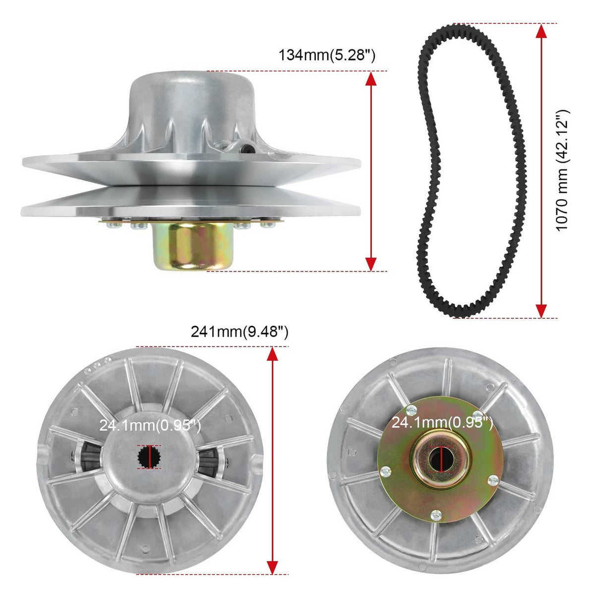Primary clutch housing with silver sheaves and black drive belt, size callouts shown