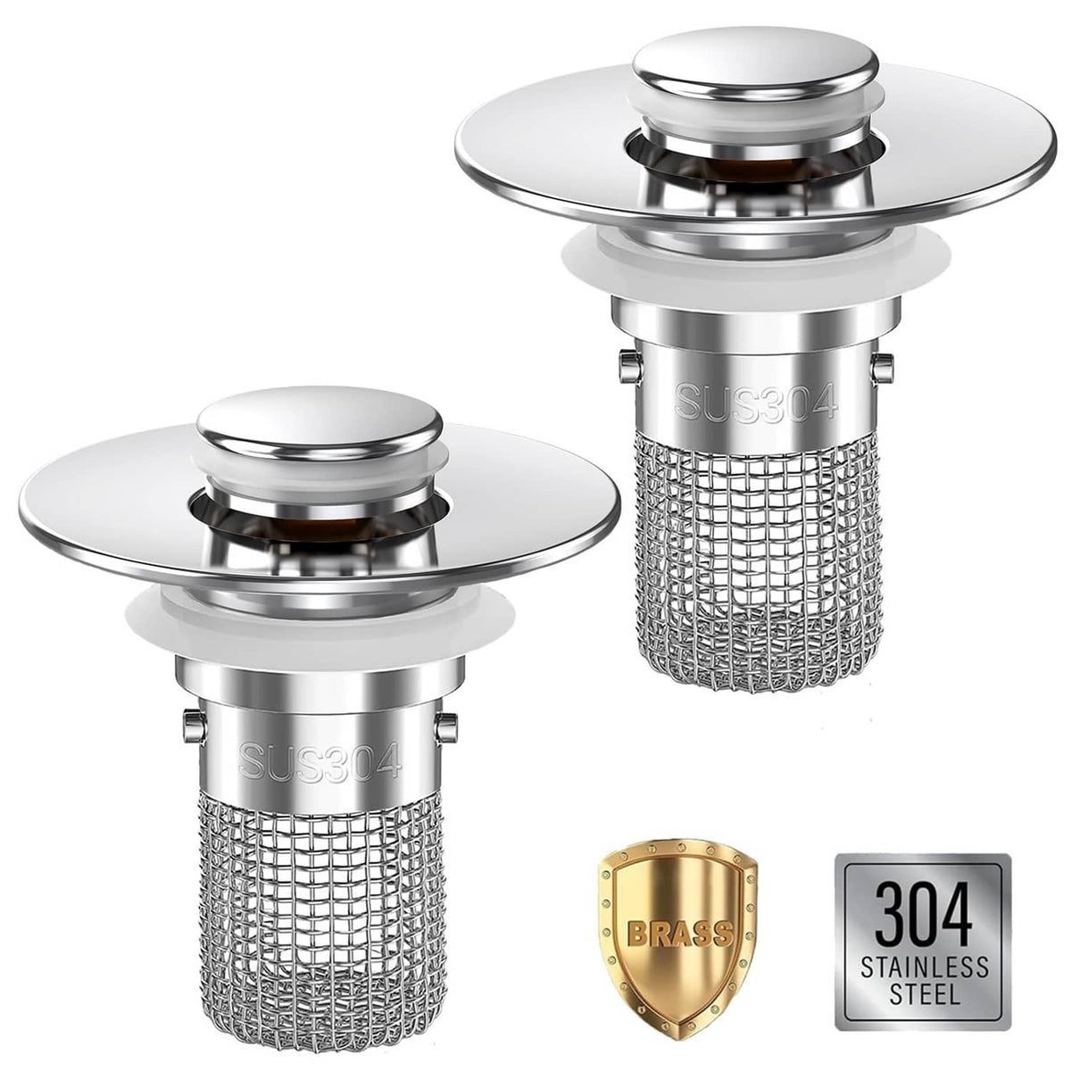 Pop-up sink drain hair catcher strainer, silver metal with mesh basket