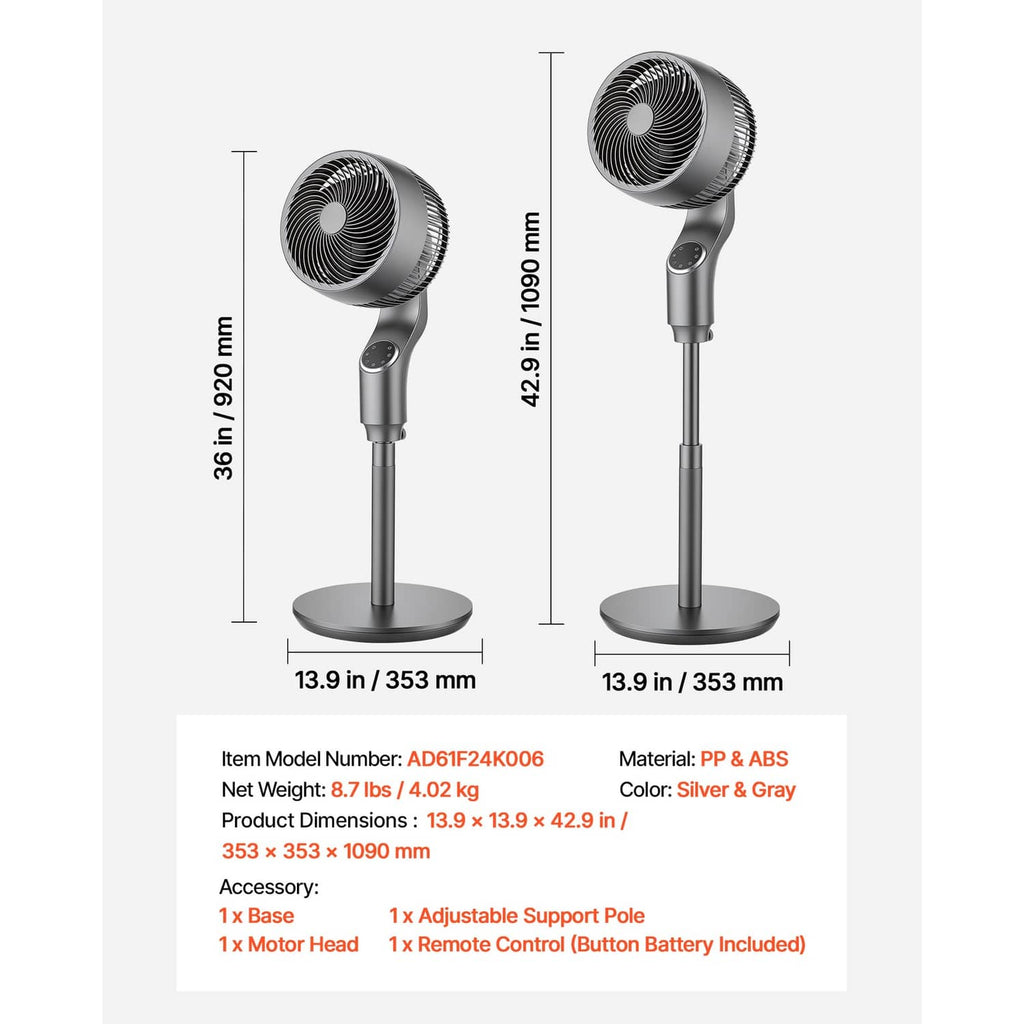 9-inch pedestal fan with adjustable stand, remote control, and included parts