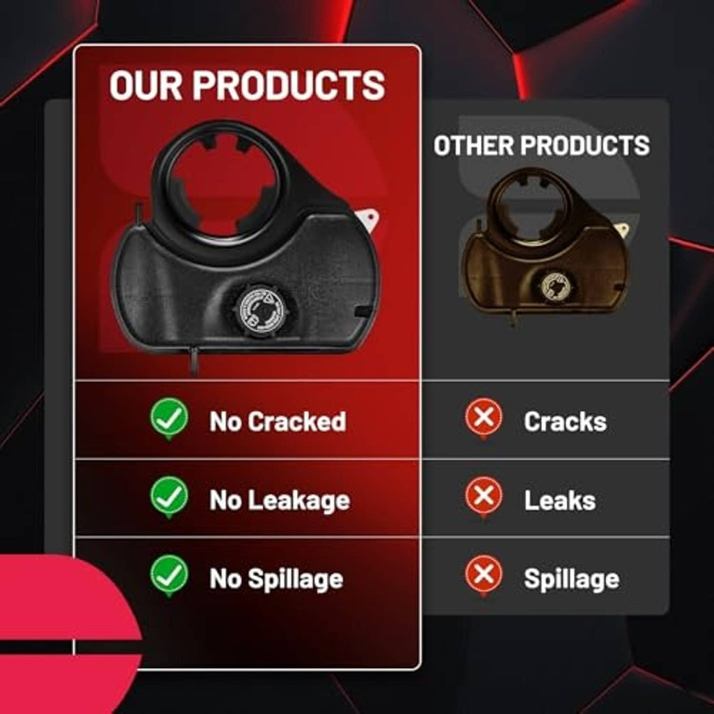 Coolant reservoir cover comparison graphic with crack-free, leak-free icons