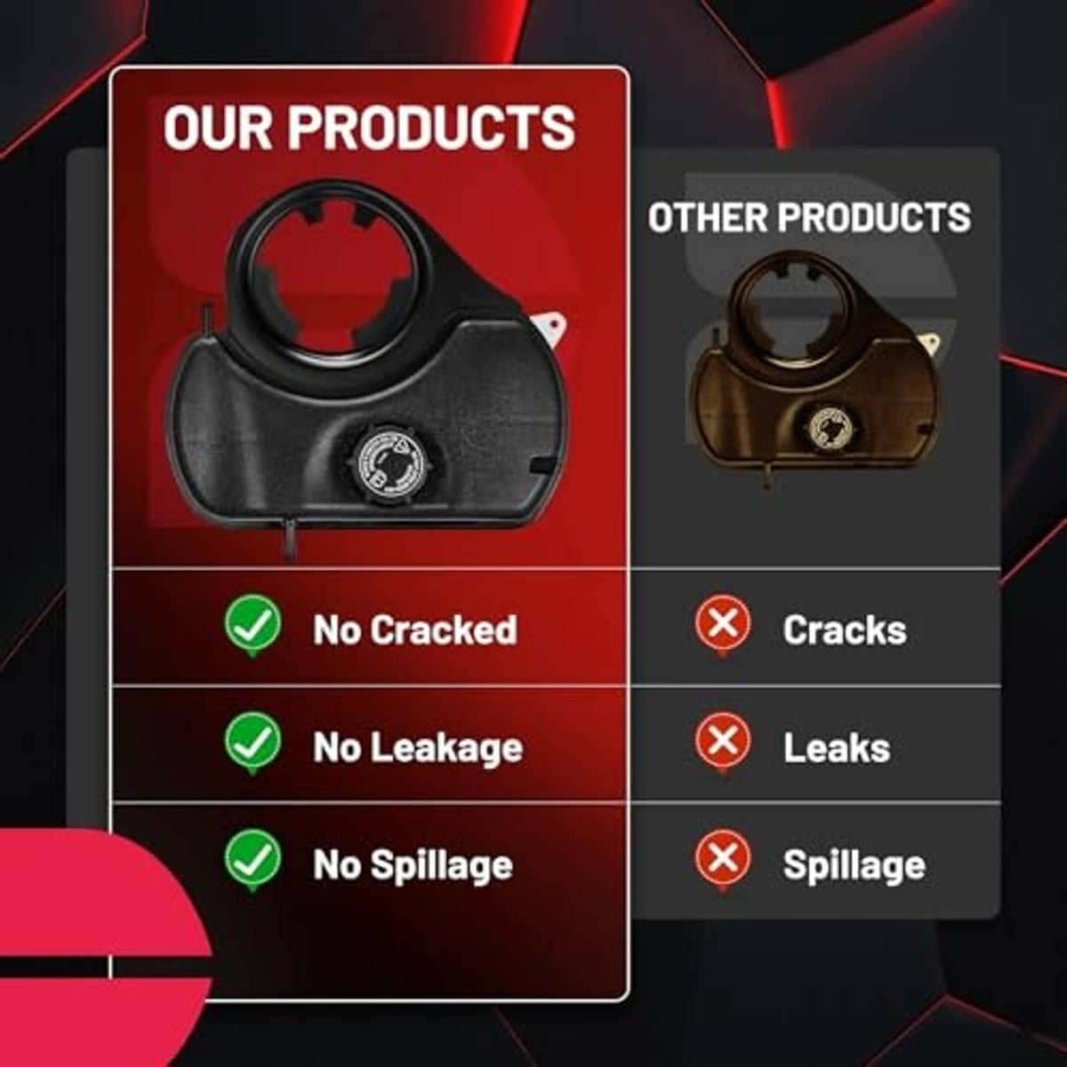 Coolant reservoir cover comparison graphic with crack-free, leak-free icons