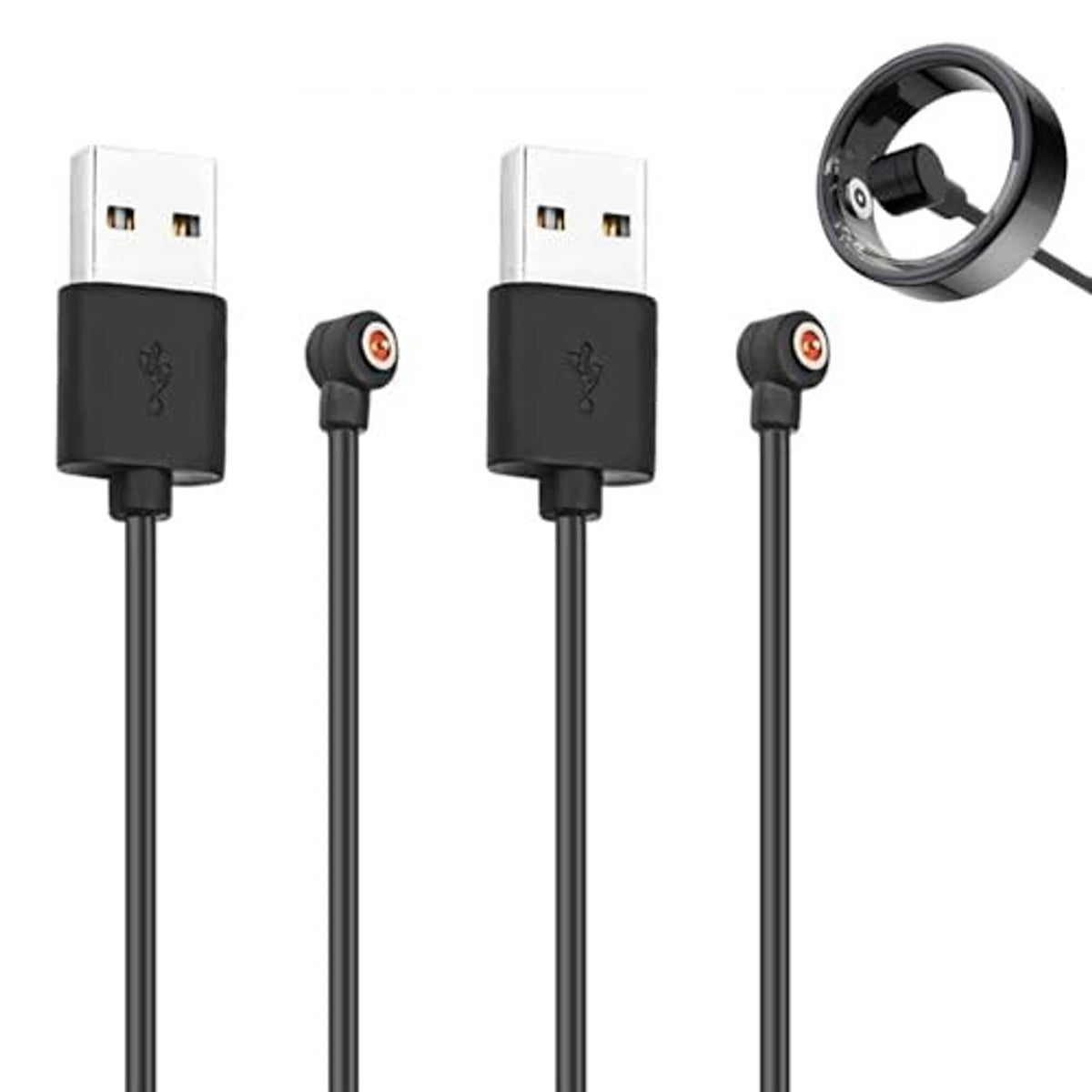 2-pack smart ring charger cable, black USB-A ends with magnetic connector tips