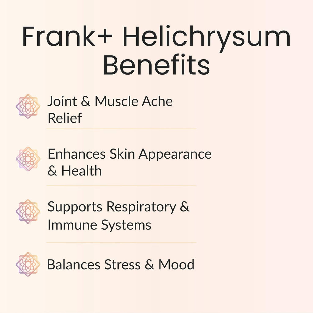 Frank+ Helichrysum benefits text: joint & muscle ache relief, skin support, respiratory.