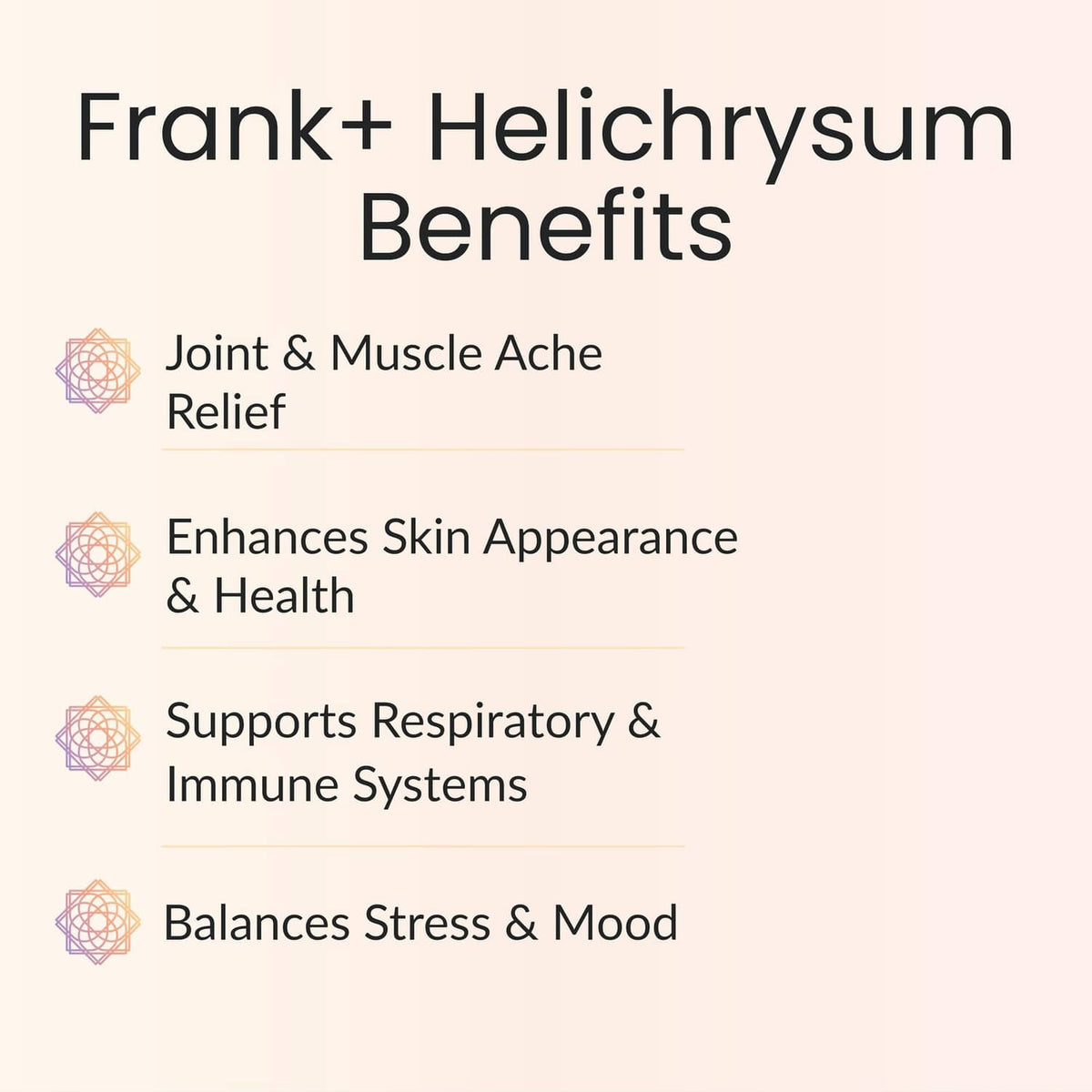 Frank+ Helichrysum benefits text: joint & muscle ache relief, skin support, respiratory.