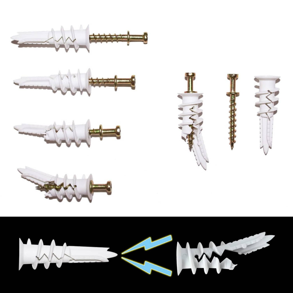 Self-drilling drywall anchors set: white plastic plugs with gold screws