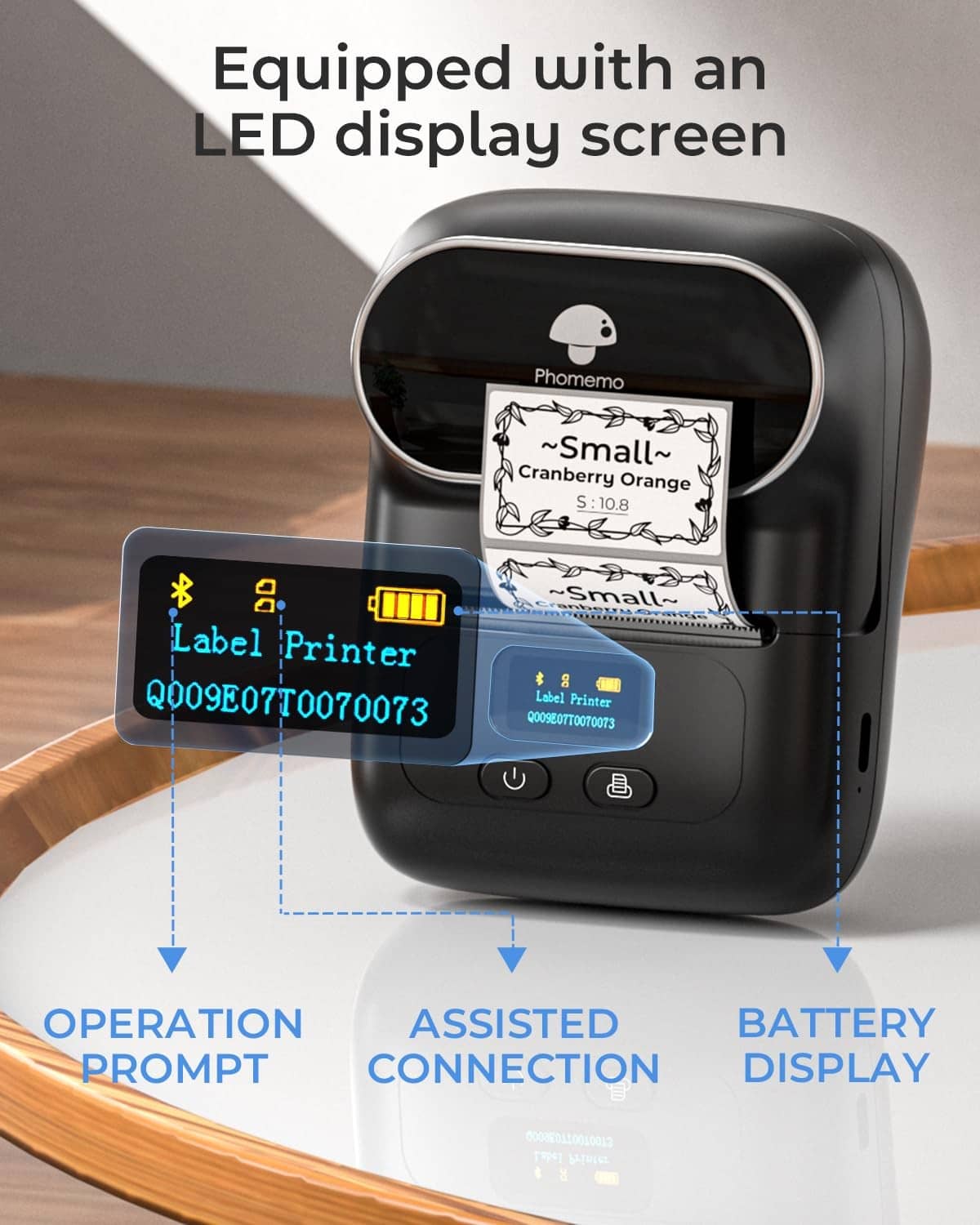 Black thermal label printer with LED display and printed label on screen