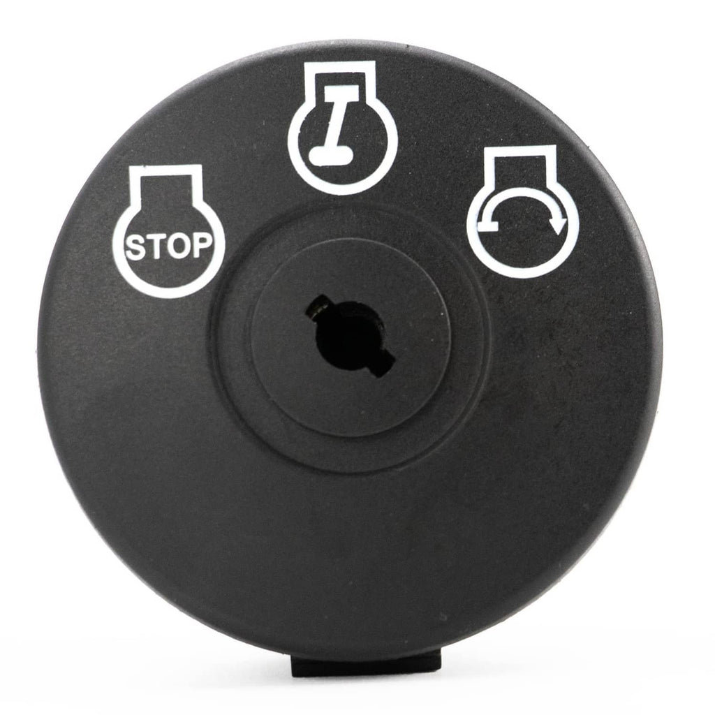 Black ignition switch face with STOP and ignition symbols, key cylinder centered