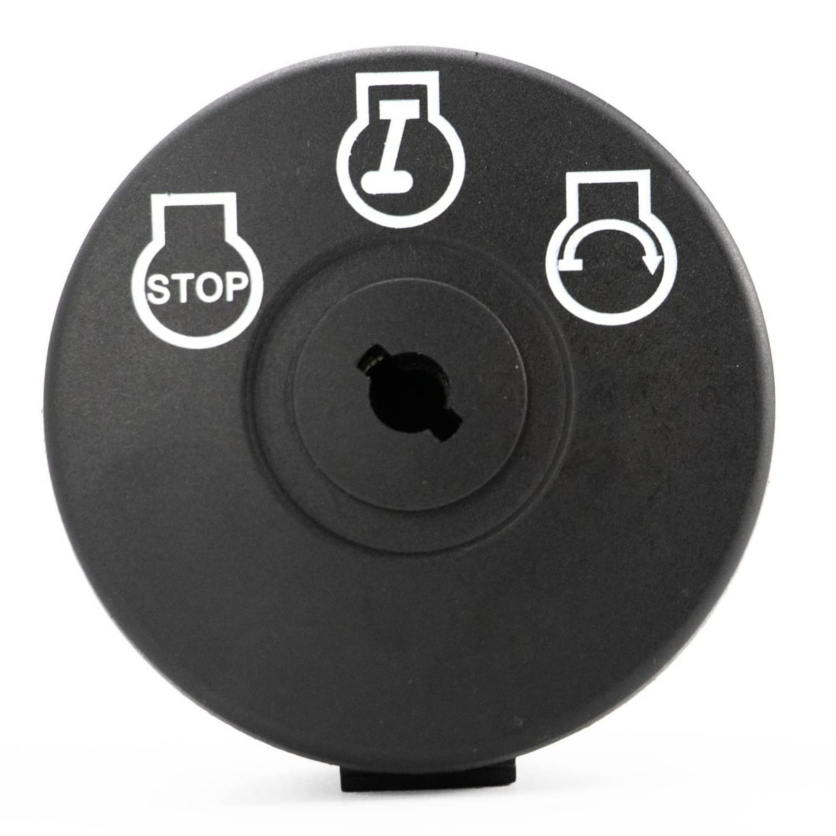 Black ignition switch face with STOP and ignition symbols, key cylinder centered