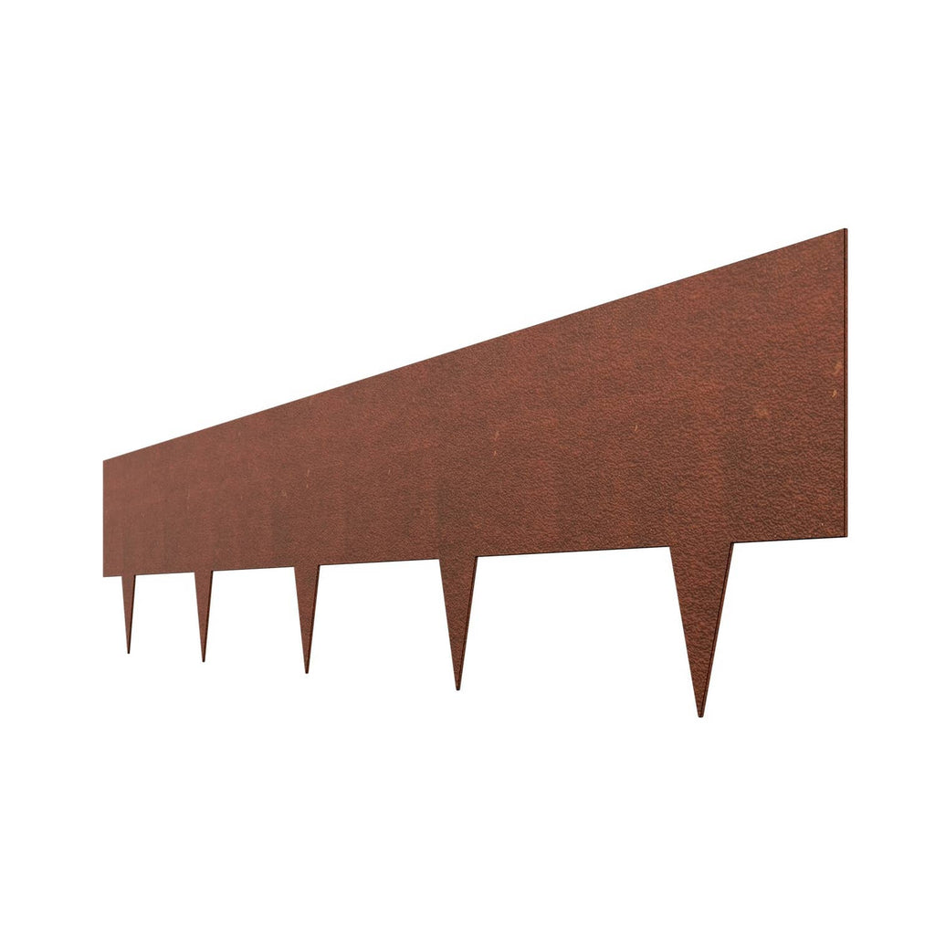 Rust-brown steel landscape edging strip with pointed spikes along the top edge