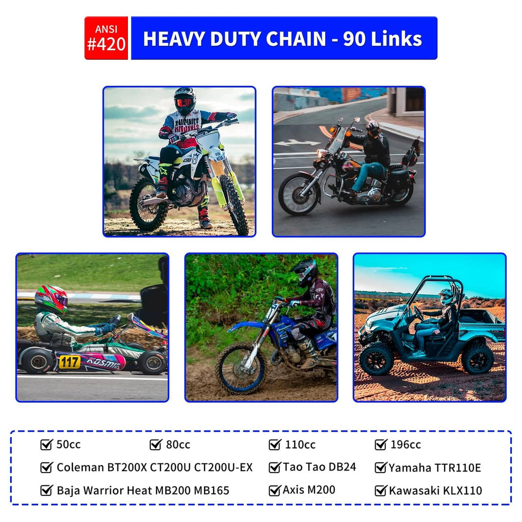 Heavy duty 420 chain 90 links box showing motorcycles, ATVs, and use photos