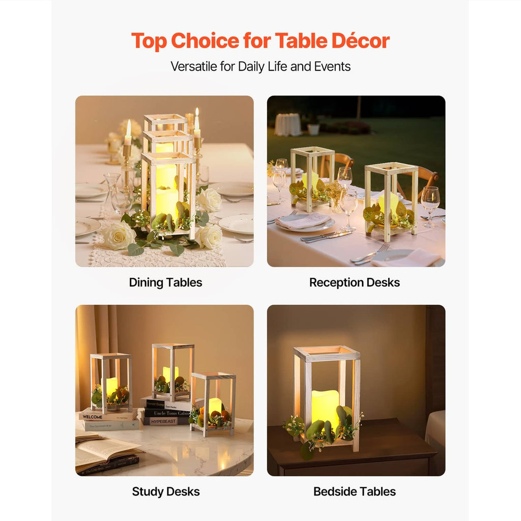 White wooden lantern set with LED candles and faux eucalyptus greenery for table decor