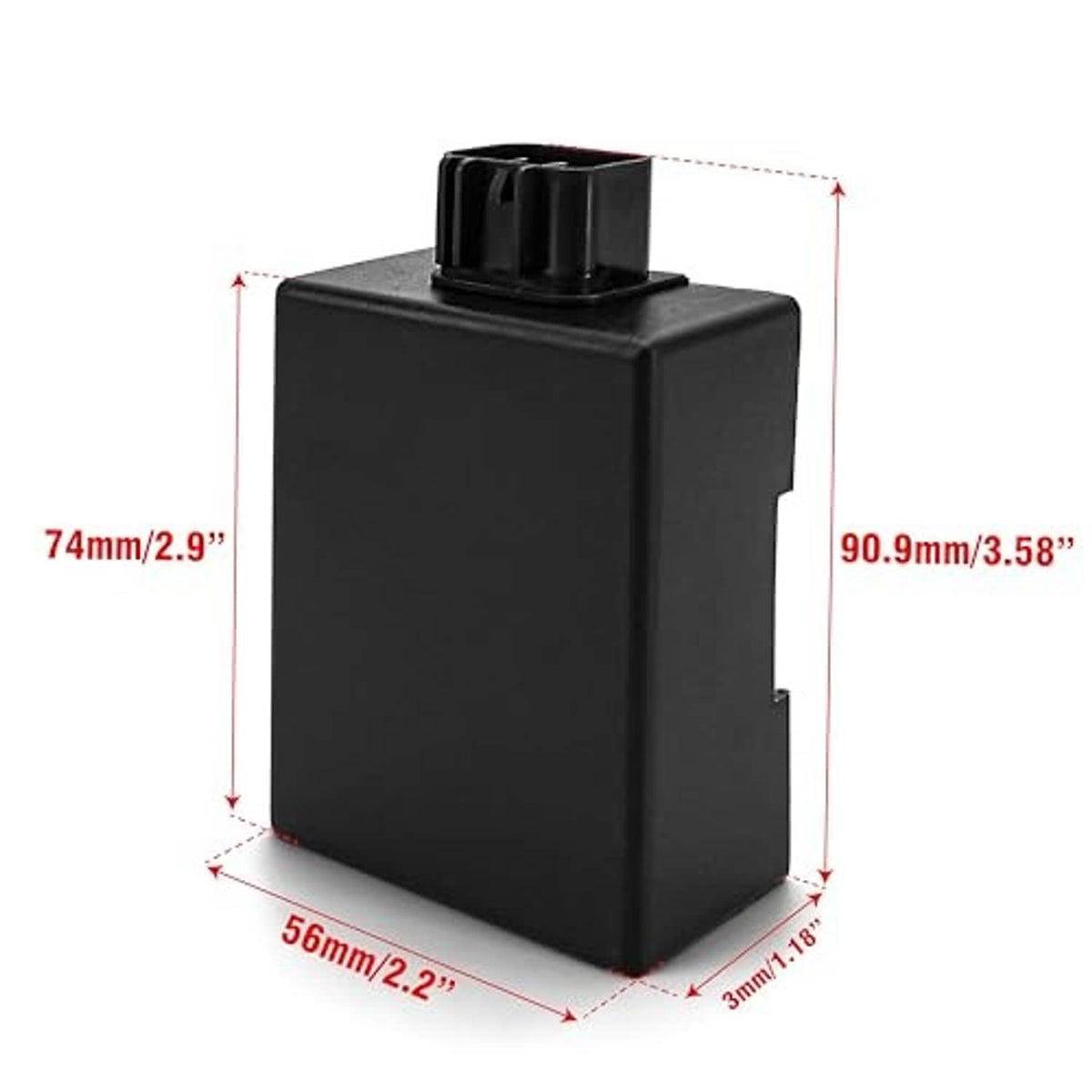 Black ignition CDI module box with top connector, front view with size outline