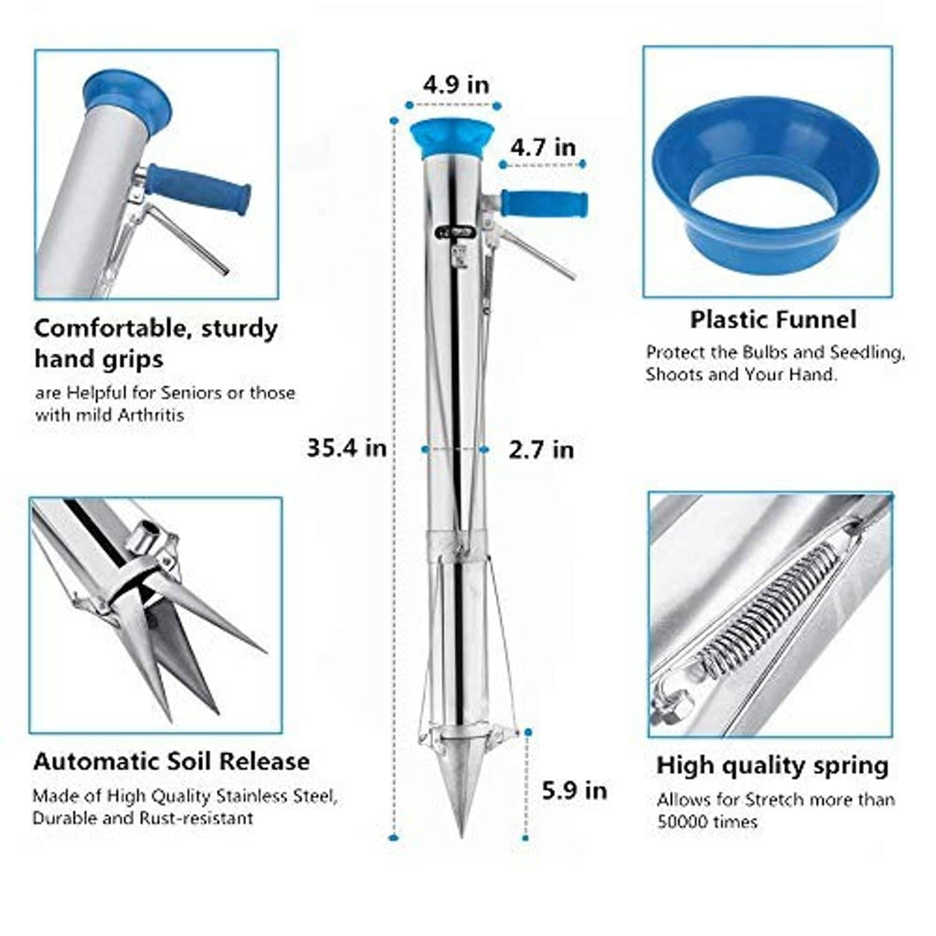 Long handled bulb planter tool with blue funnel, spring release, and stainless-steel parts