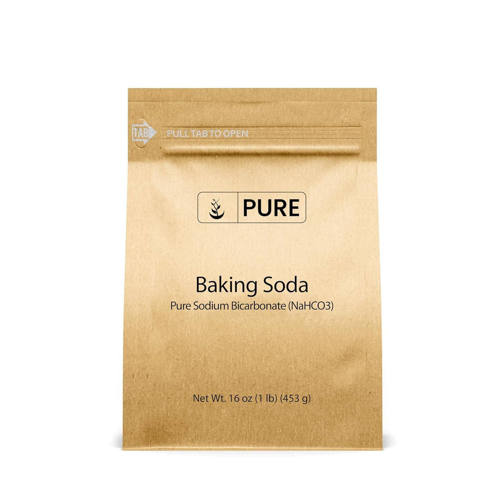 Baking soda pouch with kraft paper, PURE label, and pull-tab open top