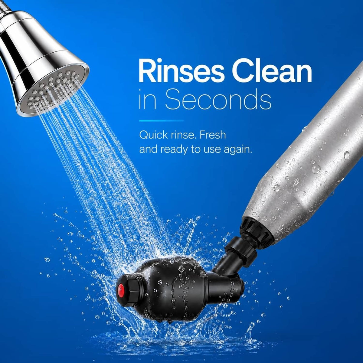 Electric toilet plunger with metal spray head and dark gray valve module for rinsing