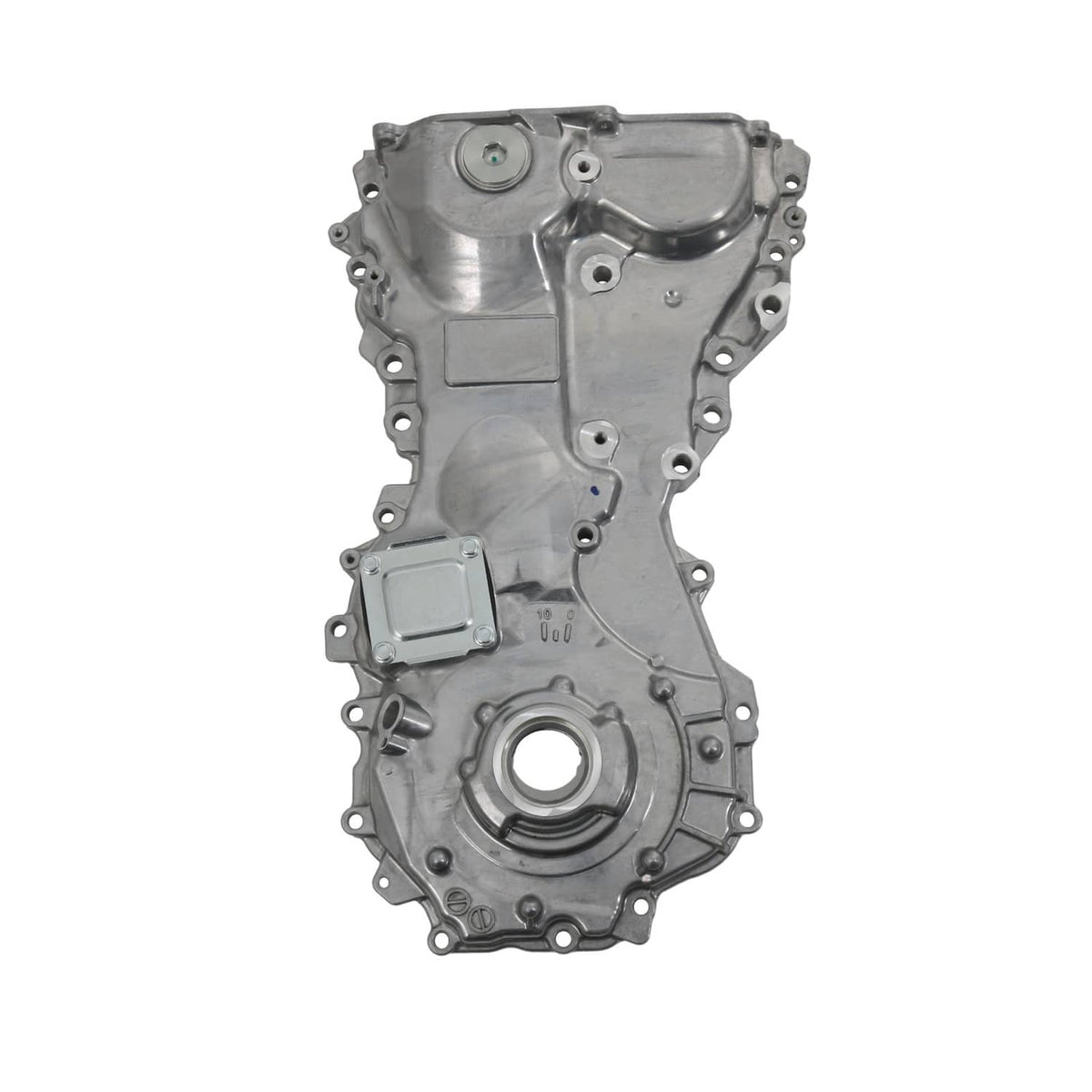Oil pump housing assembly with round opening near bottom, cast metal with mounting points