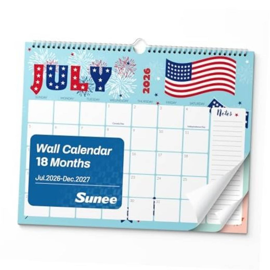 18-month wall calendar with spiral binding, notes section, July 2026–Dec 2027