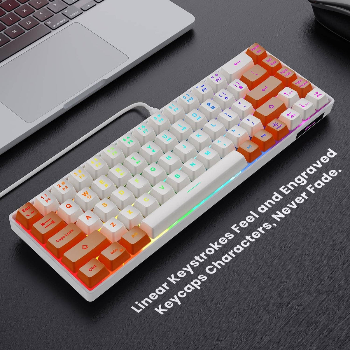 White and orange mini wired keyboard with RGB LED keys and glowing side strip
