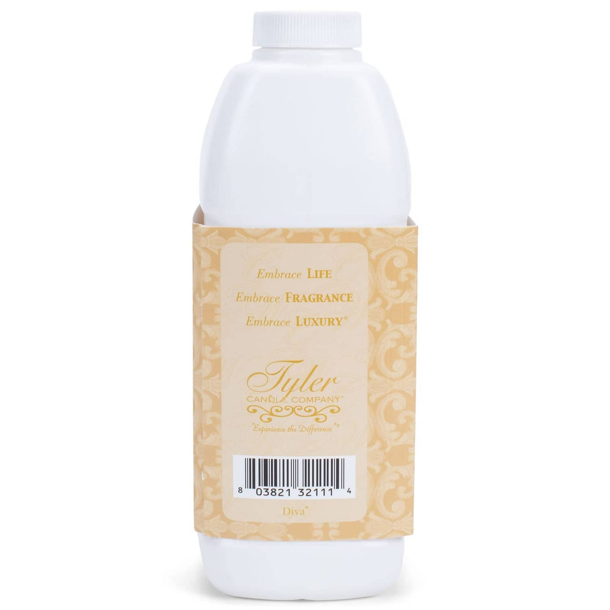 Laundry detergent bottle, back label with barcode and fragrance details