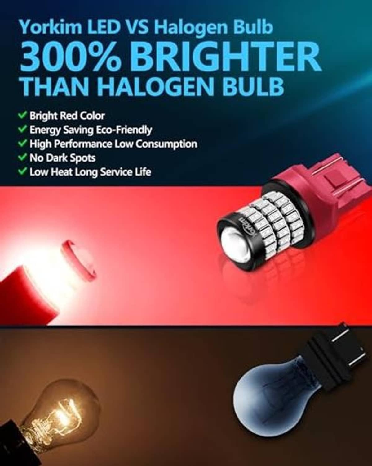 Red LED bulb with white chip projector lens, shown next to a warm halogen bulb