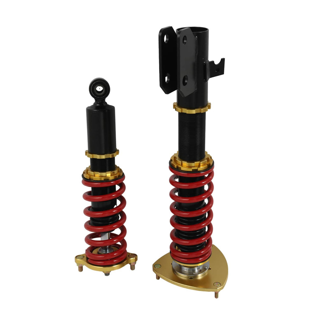 Front coilover struts with red springs, black shock bodies, gold top plates and brackets