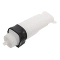 Coolant overflow bottle with translucent white body and black end cap