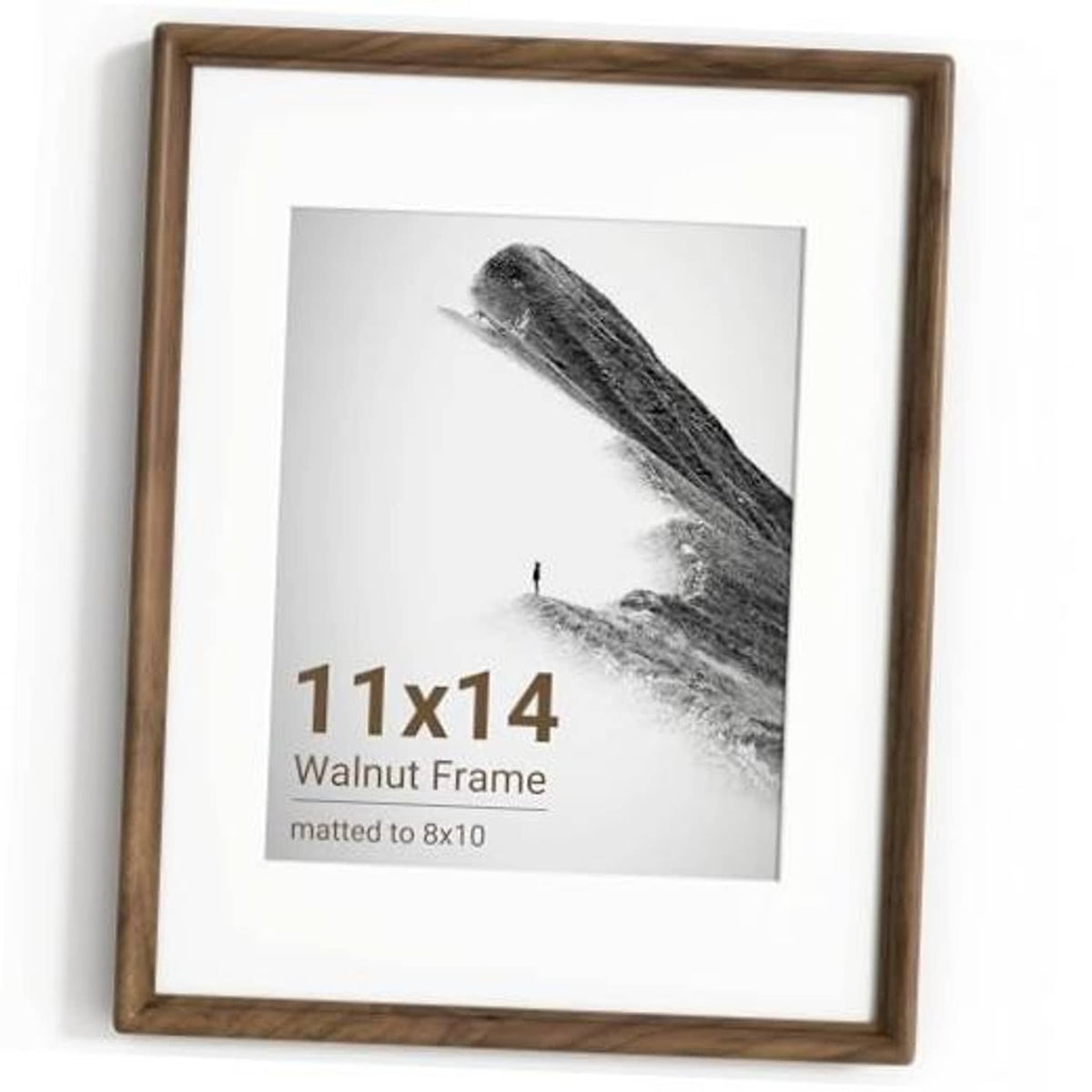 Walnut wood 11x14 photo frame with white mat and clear front glass