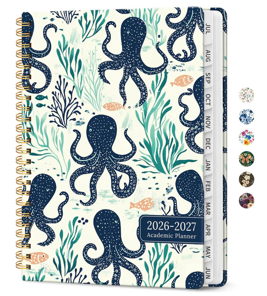 Spiral-bound 2026-2027 academic planner cover with blue and teal octopus pattern