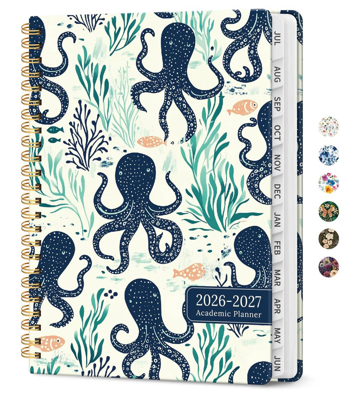 Spiral-bound 2026-2027 academic planner cover with blue and teal octopus pattern
