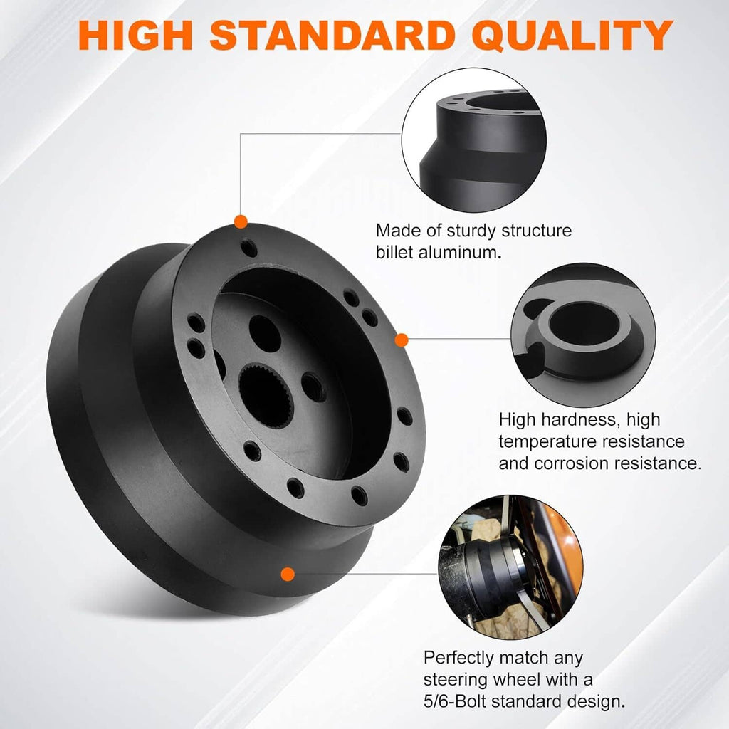 Black steering wheel hub adapter with multi-hole mount plate and center splined bore