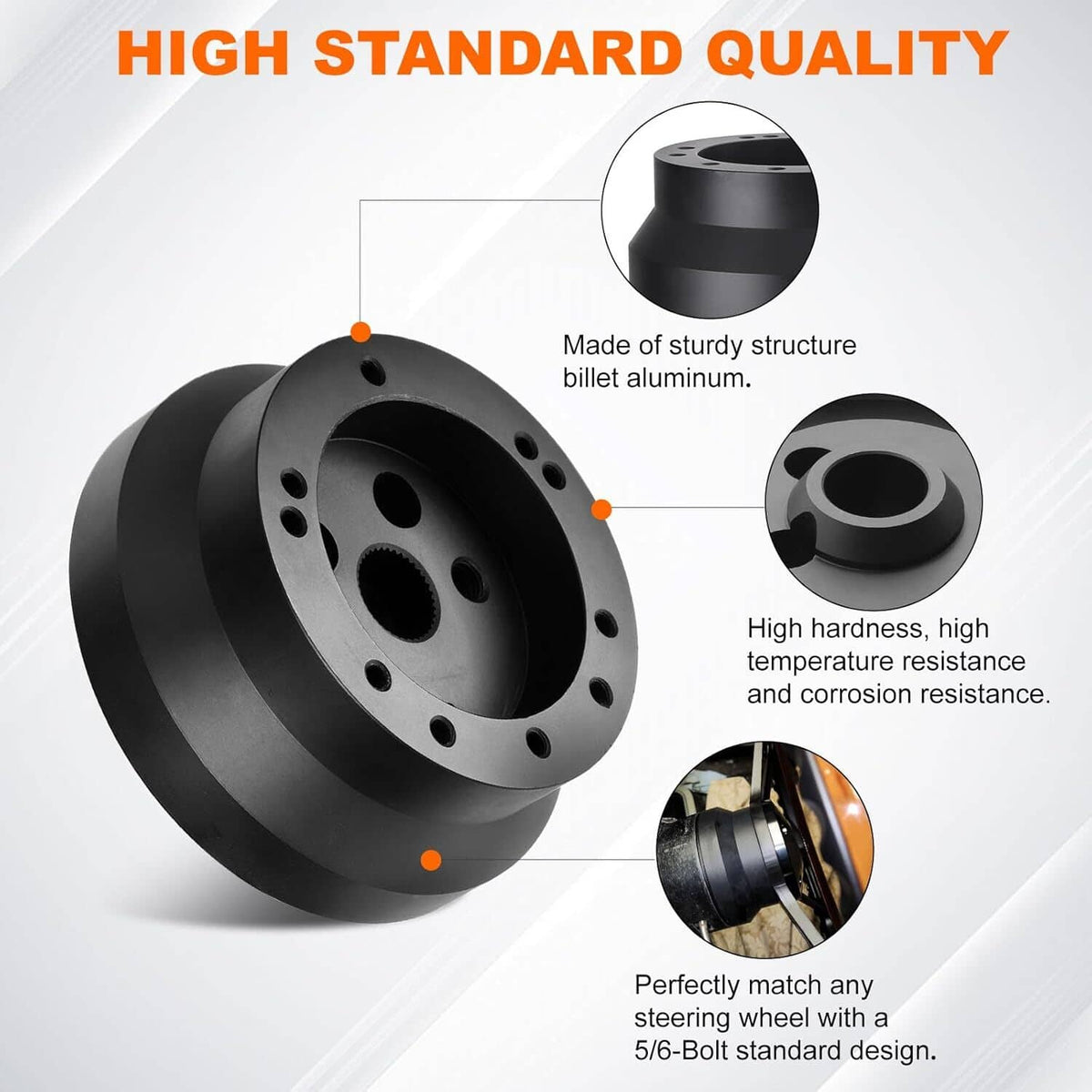 Black steering wheel hub adapter with multi-hole mount plate and center splined bore