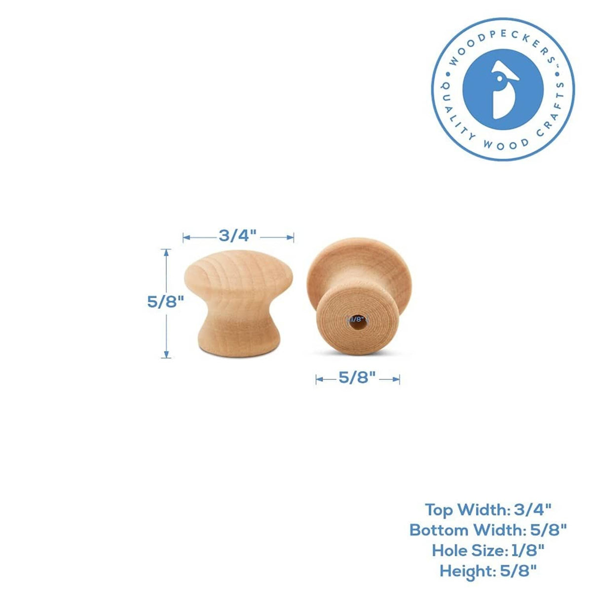 Unfinished natural wooden cabinet knobs with drilled center hole, size diagram