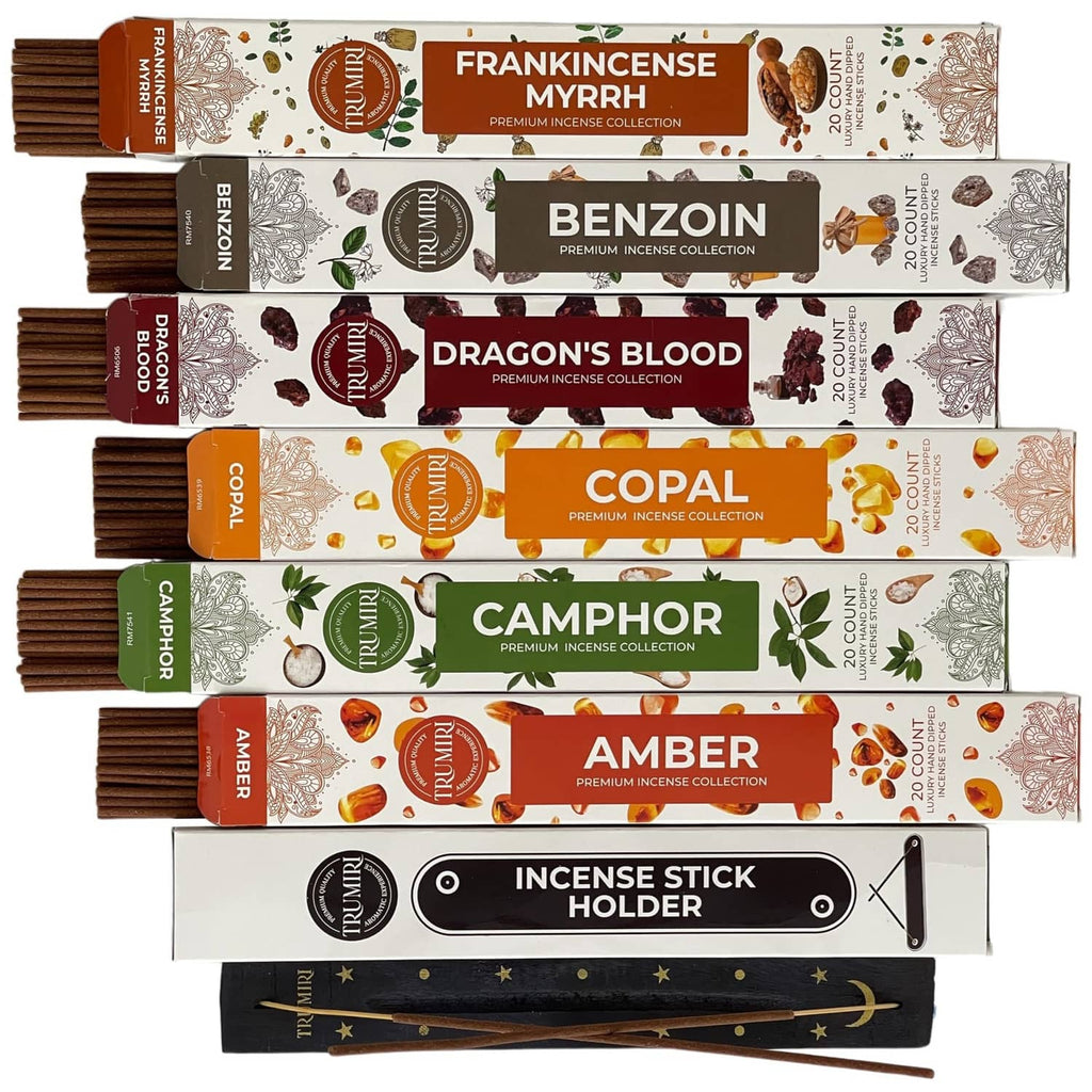 Trumiri premium incense stick boxes with resinous fragrances and an incense stick holder