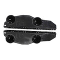 Front bumper bracket retainer clip, left side, black plastic with circular mounting holes
