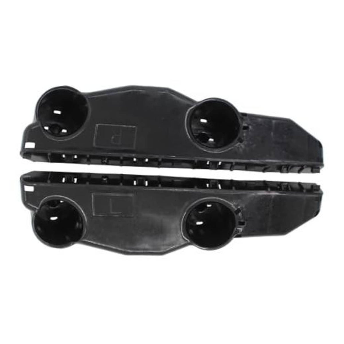 Front bumper bracket retainer clip, left side, black plastic with circular mounting holes
