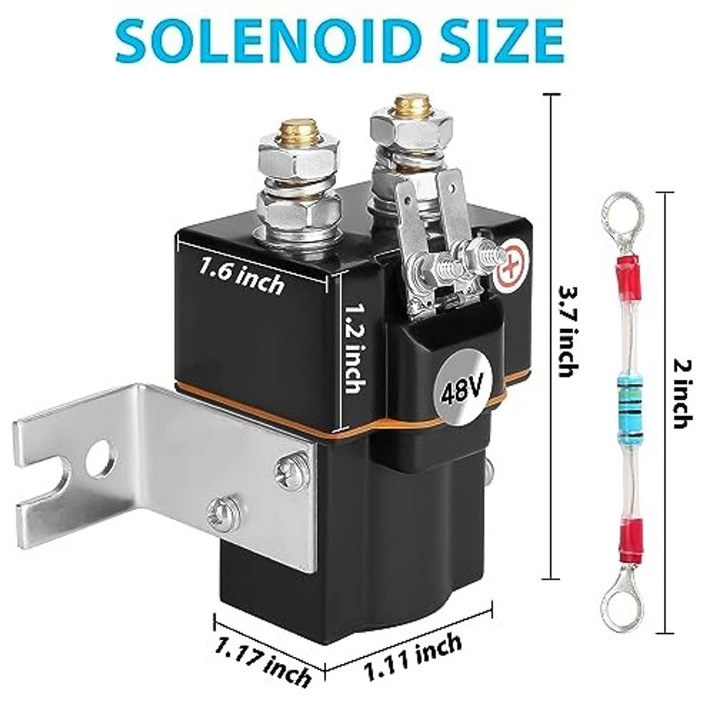 48V solenoid size chart with mounting bracket and lead wire length measurements.
