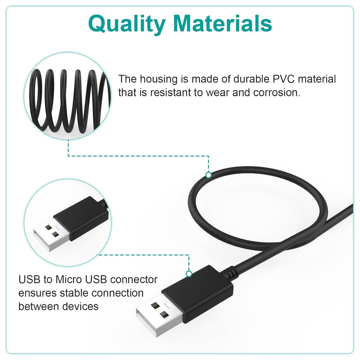 Black micro USB cable with USB-A to micro-USB connectors and PVC housing detail.