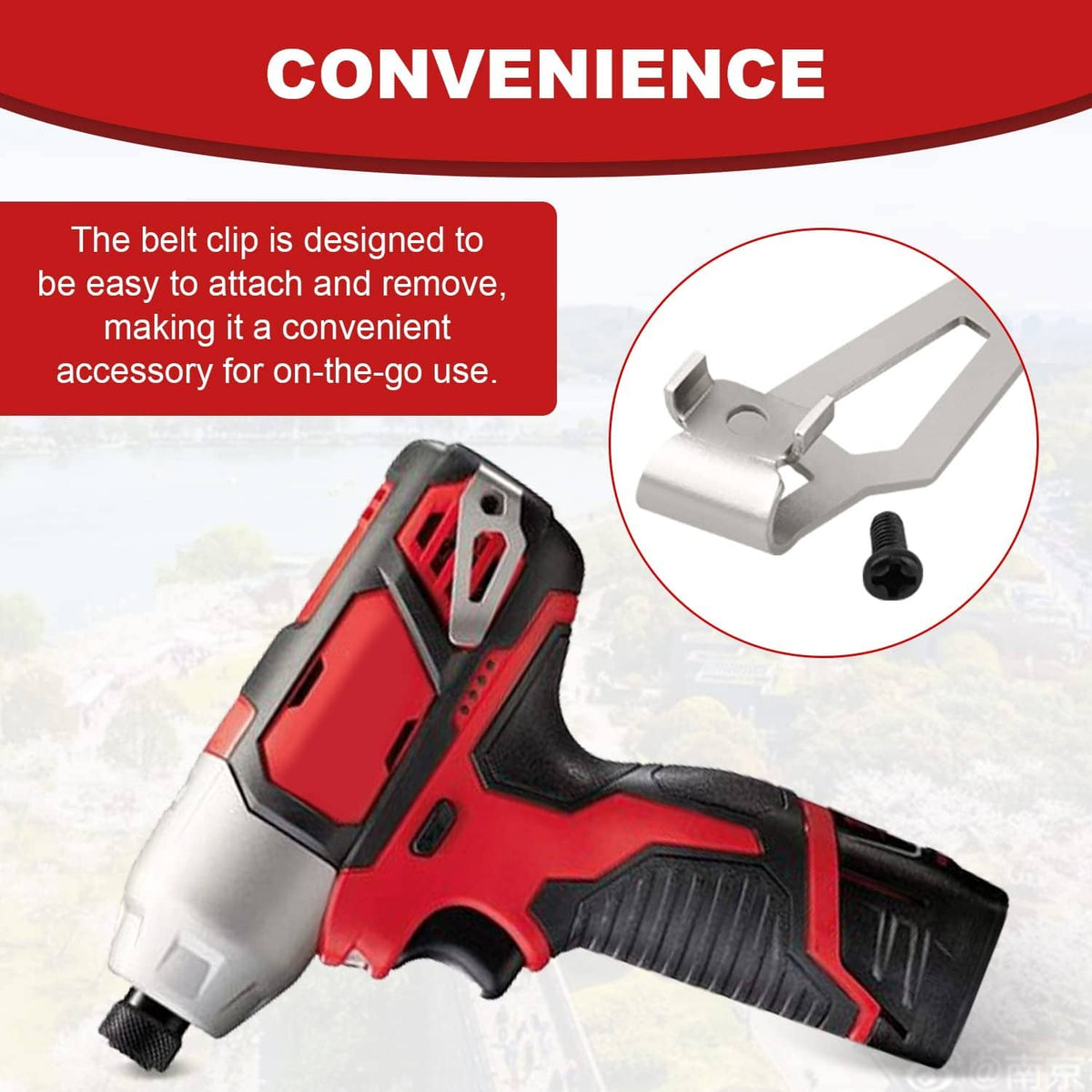 Grey belt clip installed on a red and black impact driver with screw