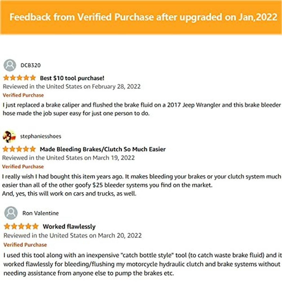 Customer review card for brake bleeding tool, verified purchase feedback