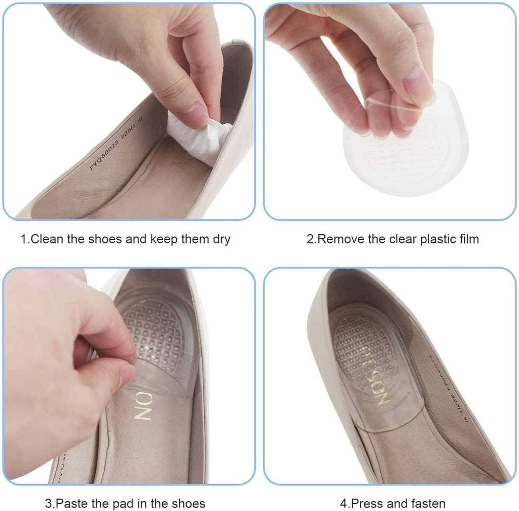 Silicone gel heel cup being pressed into a shoe heel, with clear film removed