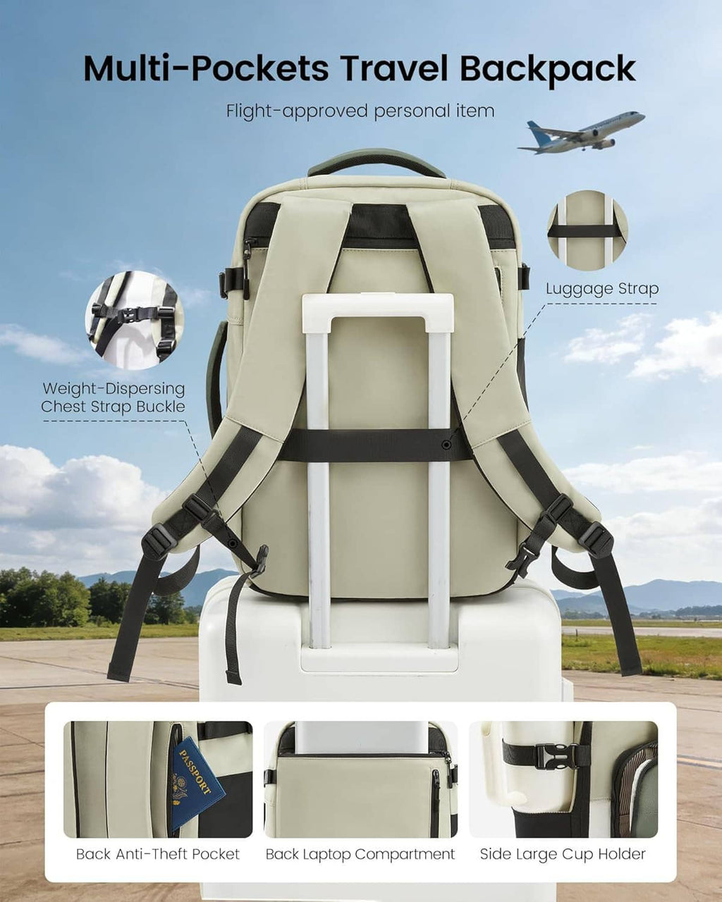Olive and cream travel backpack front and back views with multiple pockets and straps