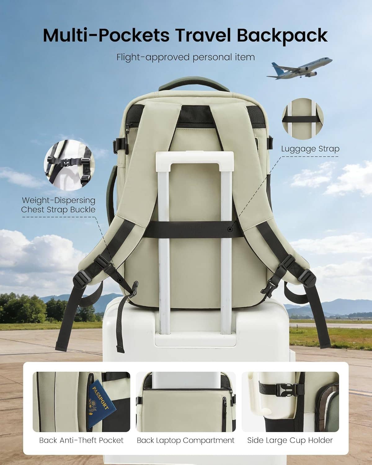 Olive and cream travel backpack front and back views with multiple pockets and straps