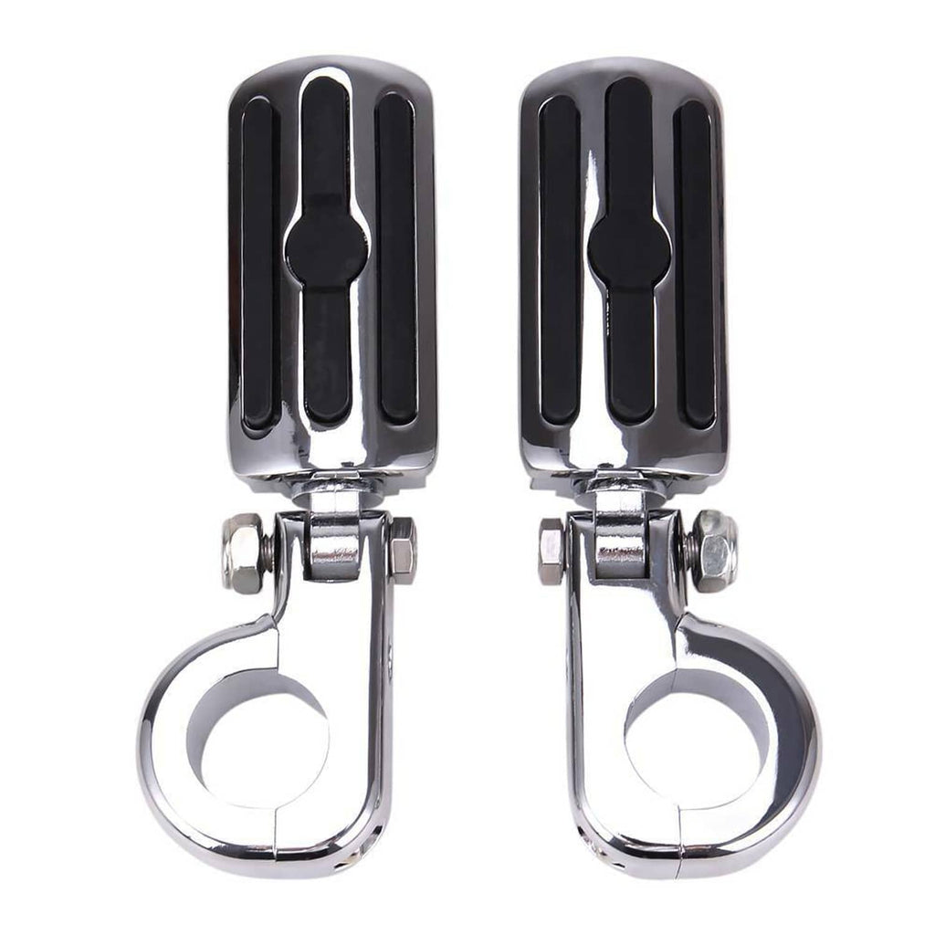 Two chrome footpeg assemblies with black rubber tread pads and circular mounting rings