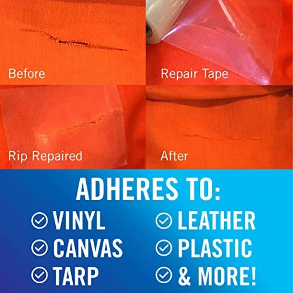 Repair tape used on orange fabric, showing before, repaired rip, and after result.