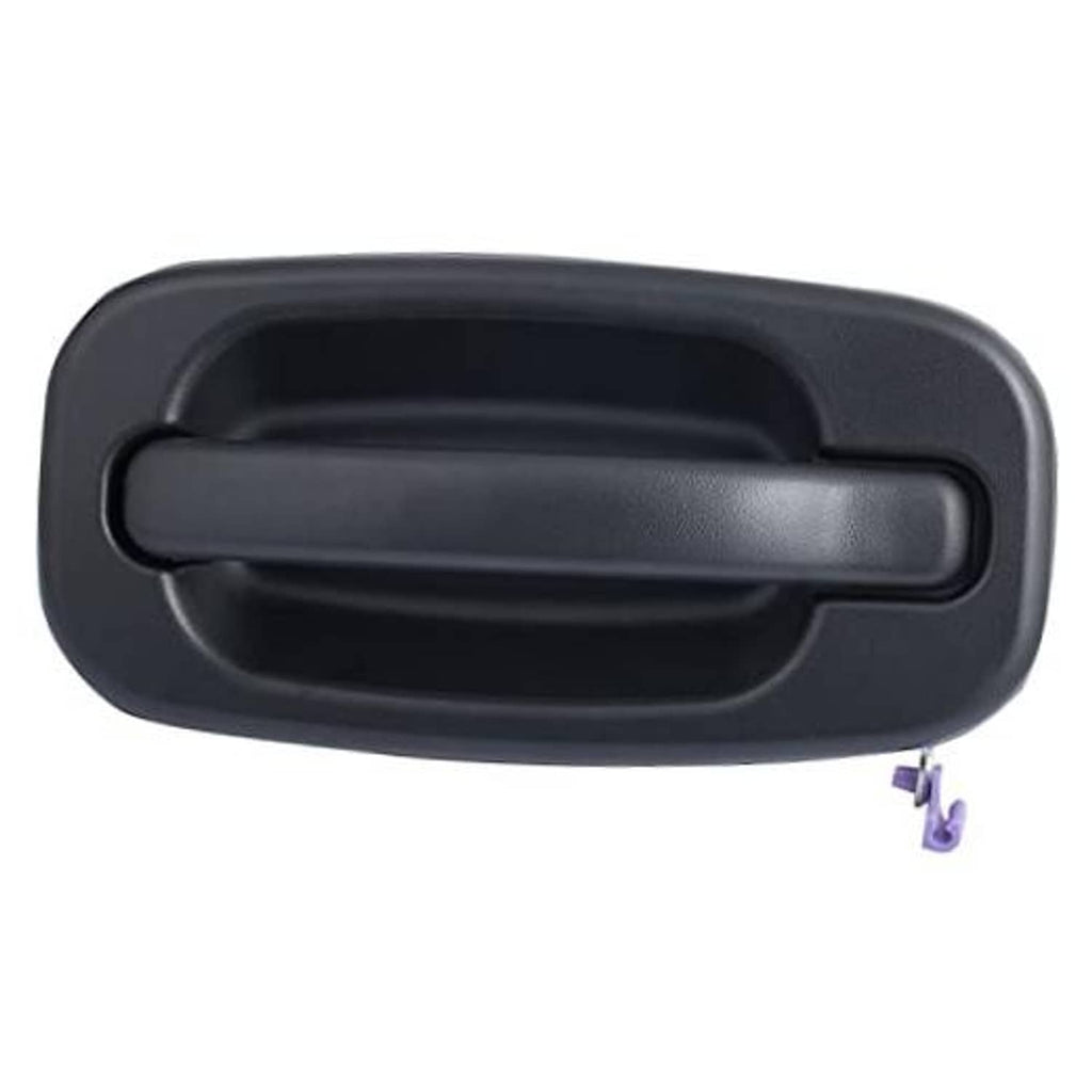 Front exterior door handle, dark textured black finish, no key hole