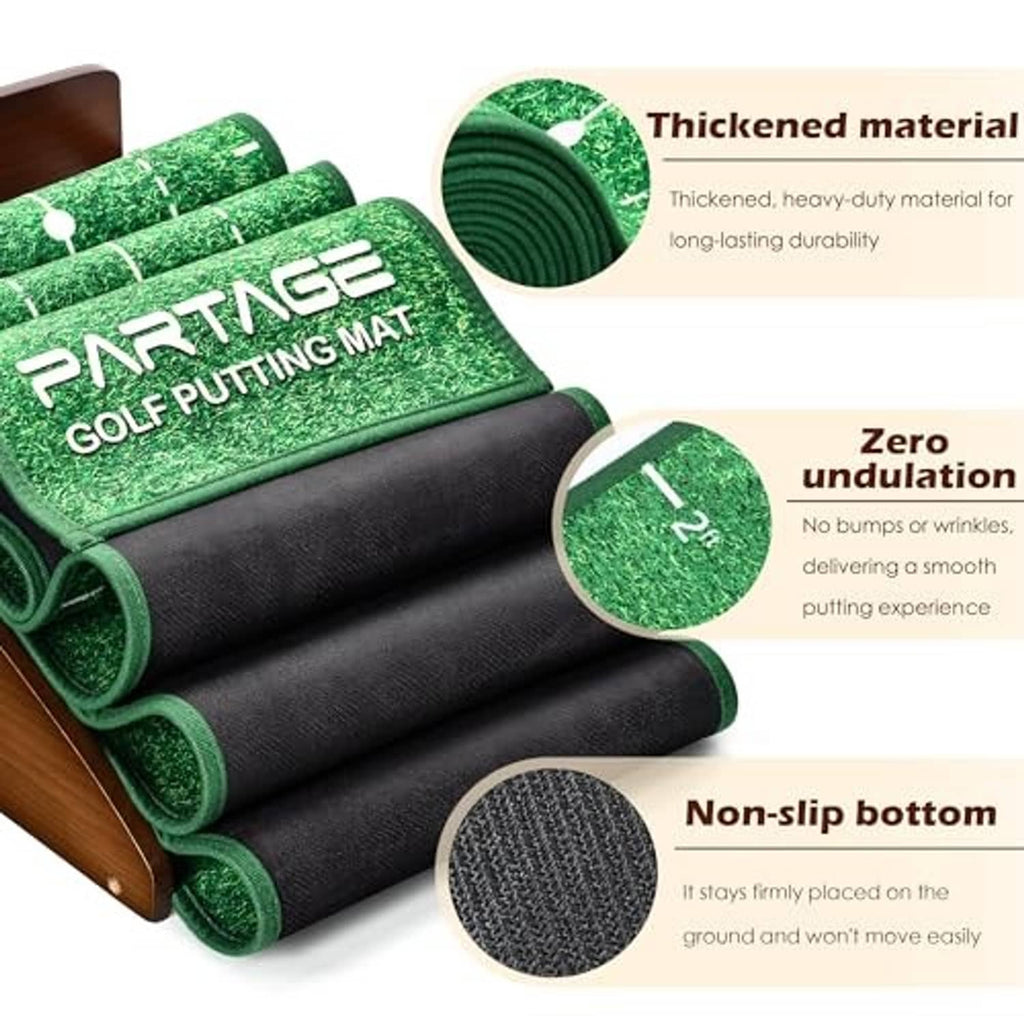 Rolled indoor putting mat with green top and black backing; non-slip textured bottom shown