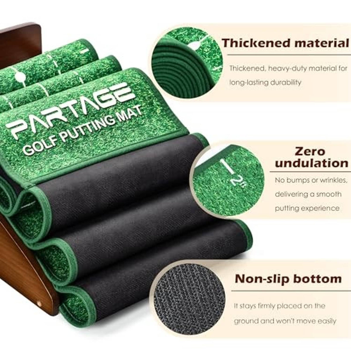 Rolled indoor putting mat with green top and black backing; non-slip textured bottom shown