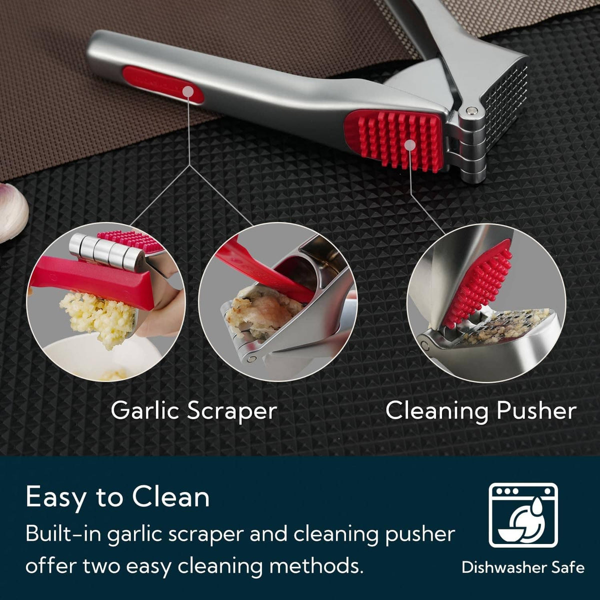 Garlic press showing built-in garlic scraper and red cleaning pusher