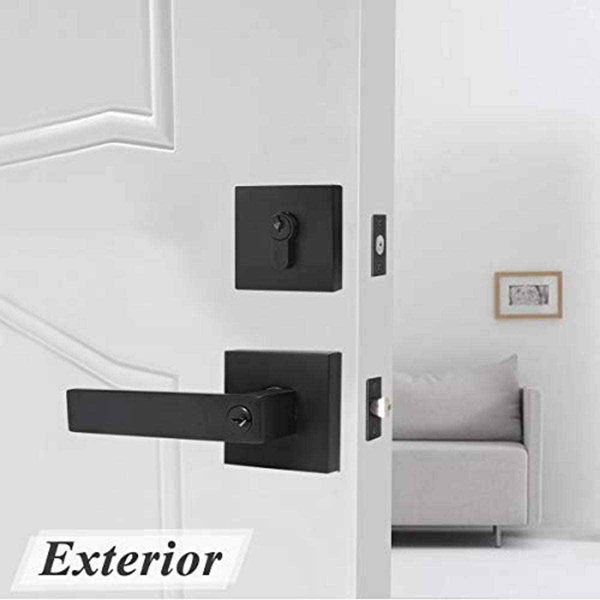 Black square entry lever and deadbolt on a white door with visible latch hardware.