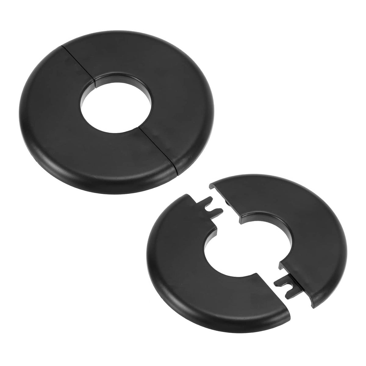 Black round ABS wall split flange with center hole and buckle tabs, 2-pack